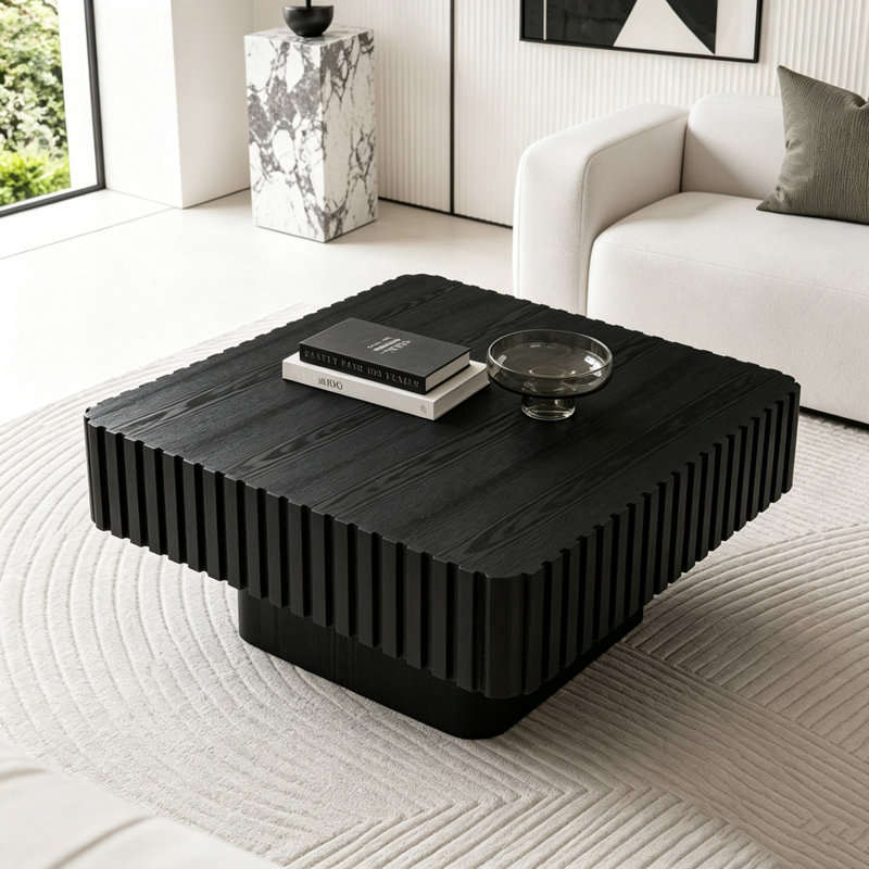 Table basse carrée artisanale en forme de tambour, L 35,43 po, Noir
