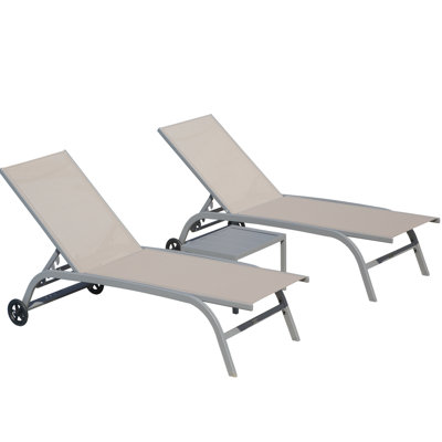 5 Position Adjustable Poolside Lounge Chairs - Khaki. Aluminum. Breathable . Wheels For Easy Movement. Sleek. Setup 3 Outdoor Chaise In Back. Build. Comfortable Seating. Mobility. Stylish Decor