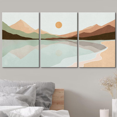Sun Mountain Landscape " Pastel Beach Shore Mountain Range " 3 - Pieces