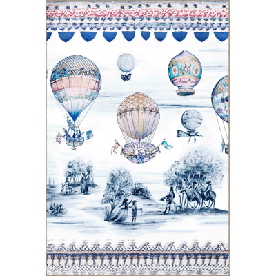 Tapis décoratif à motif de montgolfières, d'arbres et de cavaliers de couleur bleue sur le thème de la nature