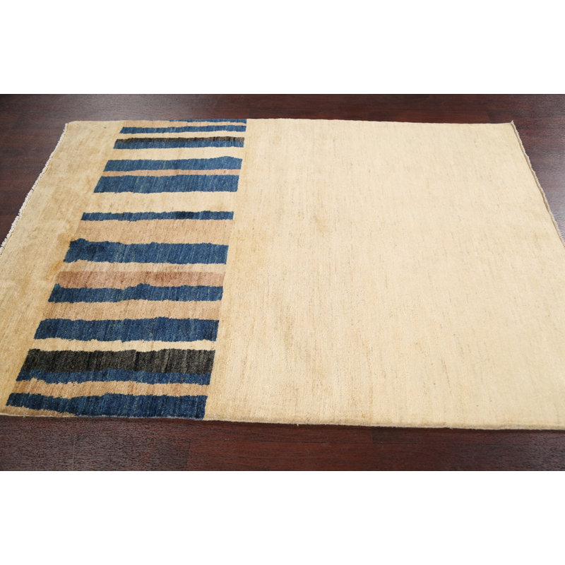Tapis ivoire en laine noué à la main de conception unique 4 pi 2 po x 6 pi New Age