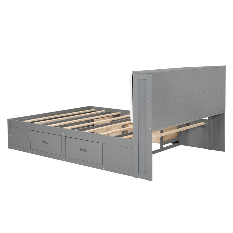 Lit plateforme avec tête de lit, étagère à chaussures et tiroirs, Gris