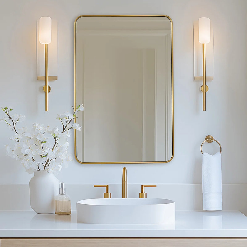 Miroir de salle de bain moderne et arrondi rectangulaire | Structure en U en acier inoxydable, Or brossé, 36 po x 24 po