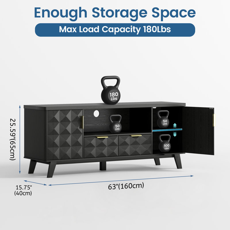 63" W Modern Tv Stand, Tv Entertainment Center With Storage, Black