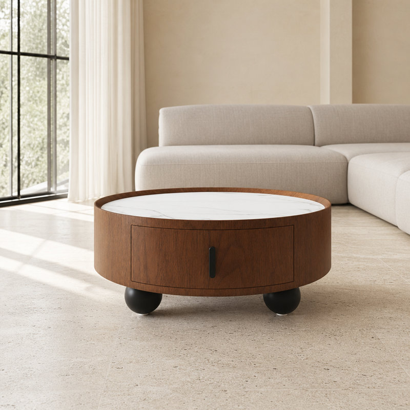 Table basse ronde en marbre avec tiroir de rangement dissimulé, poignée et pieds boule, table d'appoint moderne du milieu du siècle pour salon et chambre