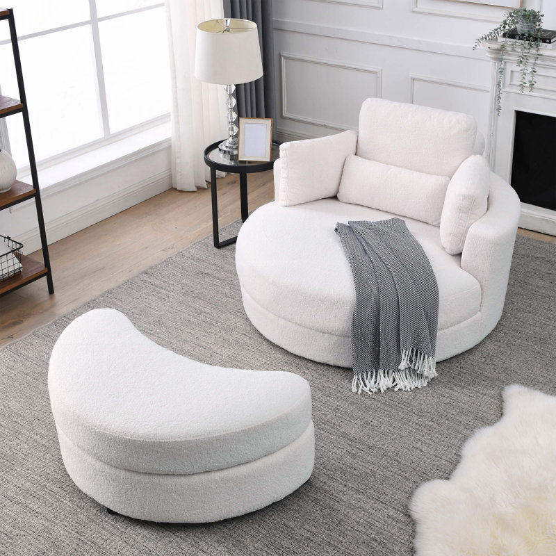 Quamere Swivel Chair with Storage Ottoman,oversized chair,barrel chair,Lounge Club Big Round Chair, White Linen