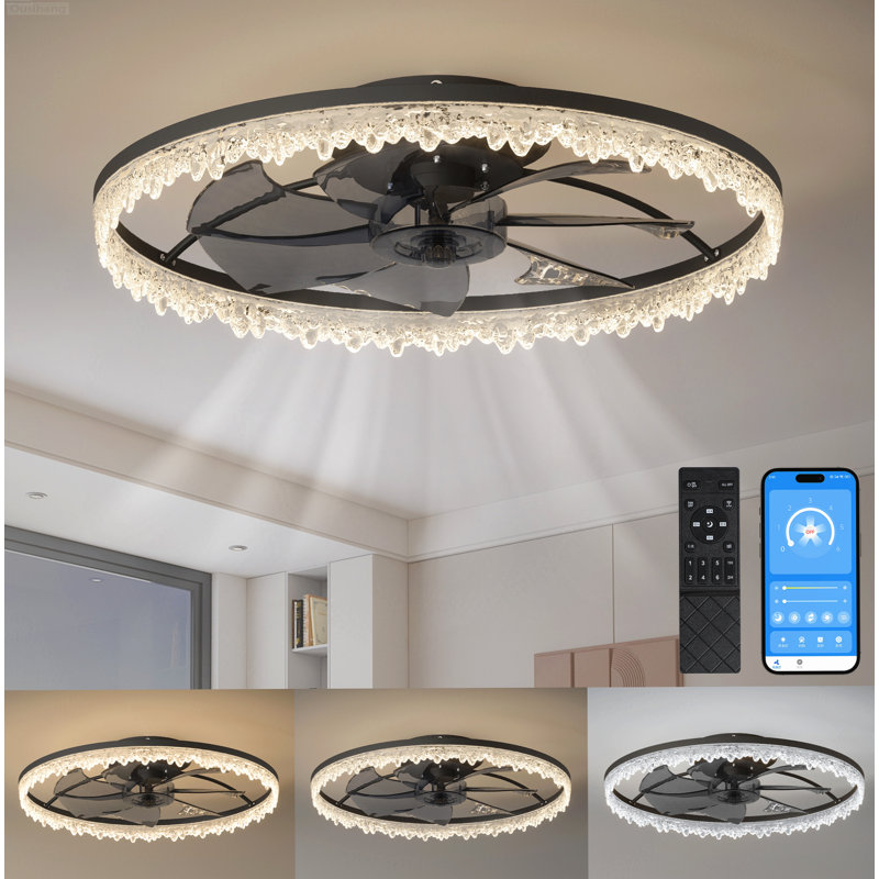 25-inch Modern Crystal Edge Flush Mount Ceiling Fan with Light Dimmable Enclosed App Control Black, 25-inch