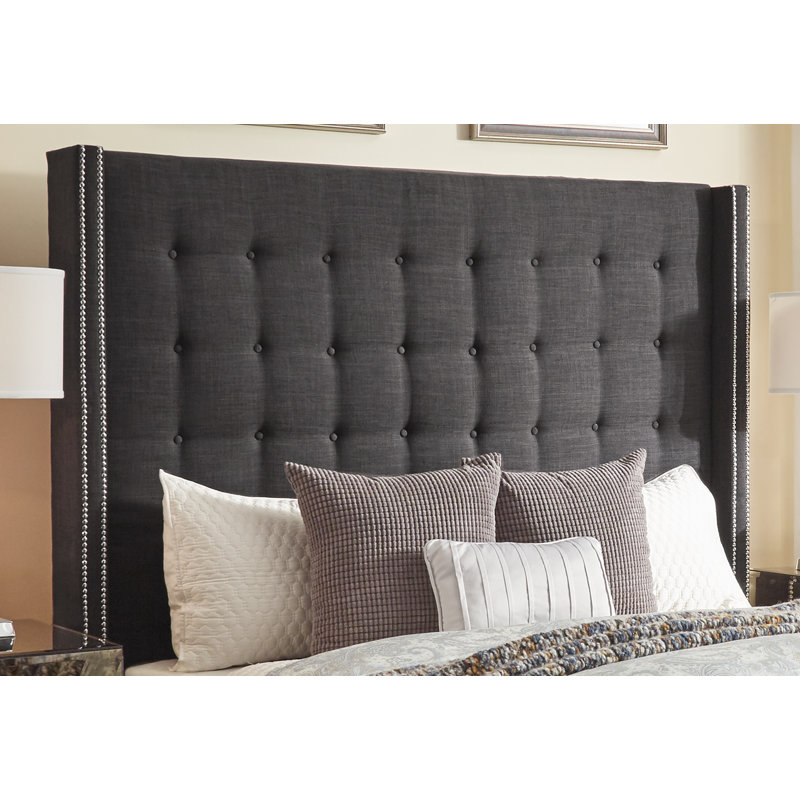 Kaster Upholstered Linen Wingback Headboard, Queen, Heathered Dark Grey Linen