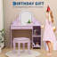 Kids Vanity Table and Chair Set, Girls Dressing Table with Storage Shelves & Drawer, Children Study Desk with Storage Grids-88614274