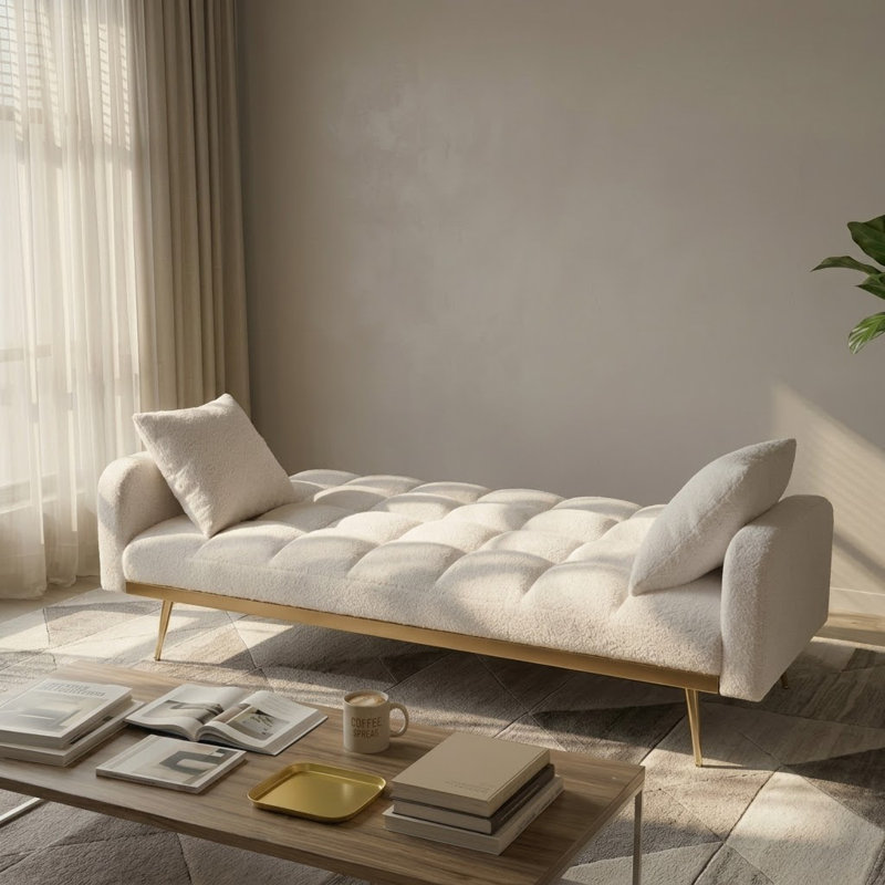 Classic Teddy Fabric Upholstered Convertible Futon Sofa Bed with 2 Throw Pillows, White Teddy