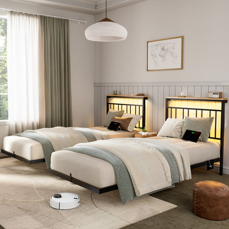 Ensemble de 2 lits simples avec tête de rangement, lit plateforme avec lumière DEL et station de charge, aucun sommier nécessaire, assemblage facile