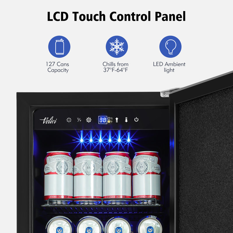 Velivi 127 Cans 3.1 Cubic Feet Built-In & Freestanding Beverage Refrigerator with Digital Control, Security Lock, and Blue LED Light