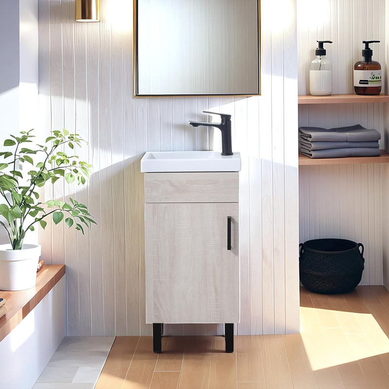 16'' Mini Free-Standing Single Bathroom Vanity With Ceramic Top, Light Oak