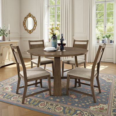 Zebulon 5-piece Solid Wood Dining Set With Round Table And Upholstered Chairs, Farmhouse Style, Natural Oak Finish