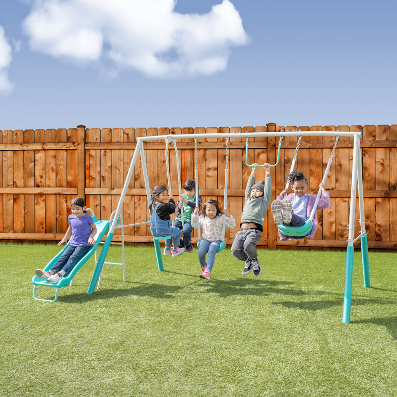 Teal Metal Swing Set with Slide and Trapeze