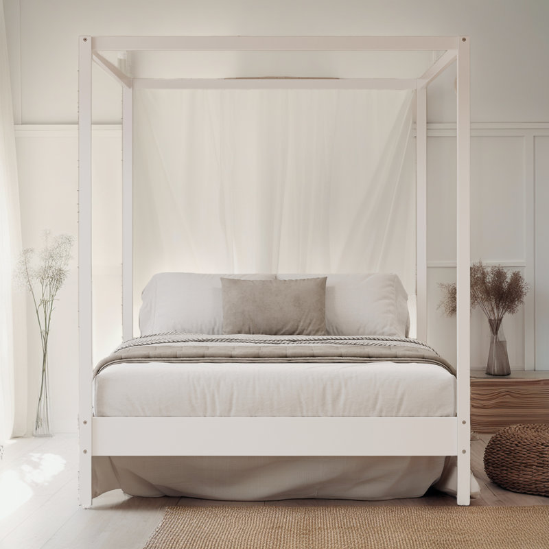 ?Elegant Canopy Bed Frame – 4-Poster Platform Bed with Slats, No Box Spring Needed?, White, Queen