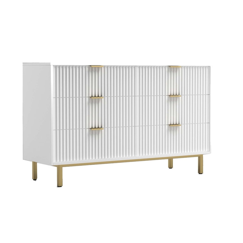 Commode 6 tiroirs 56 pouces Beth, panneaux ondulés, bois d'acajou blanc, doré
