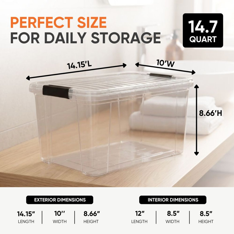 Boîtes de rangement transparentes en plastique de 14,7 litres avec couvercles, empilables, sans BPA, pour la maison, le bureau, la résidence étudiante et la salle de classe, lot de 1