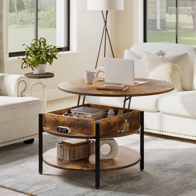  Table basse à plateau relevable en bois avec rangement Wynny, H 18 po x l 27 po x P 27 po, Brun rustique
