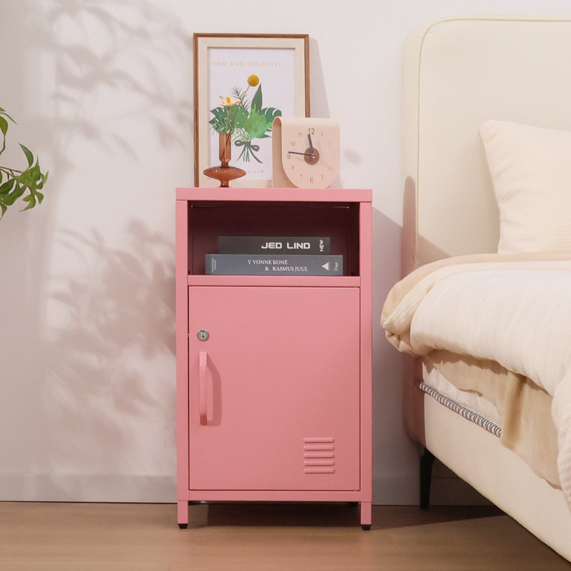 Katarra 26'' Tall Metal Nightstand Storage Cabinets With Lock, Pink