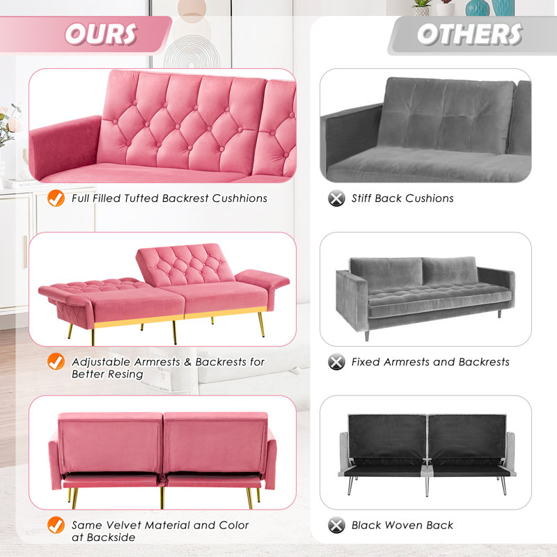 Zineta 67'' Velvet Sleeper Sofa, Pink