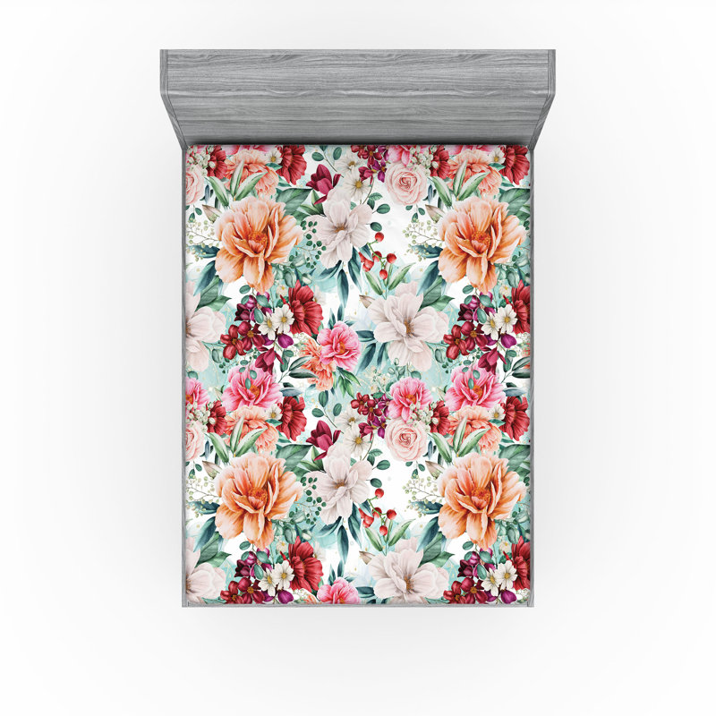 Drap-housse Ambesonne, Vert jade, terre de Sienne brûlée / floral, Drap-housse très grand californien