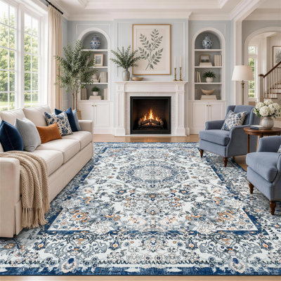 Vintage Floral Medallion Washable Area Rug with Non-Slip Backing
