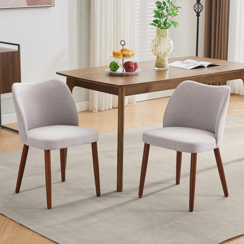 Upholstered Dining Chair with Wood Legs, Wing Backrest, Wooden Kitchen Chair with Thick Cushions, Gray