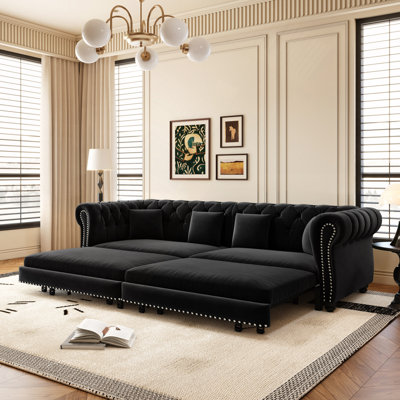 Canapé Chesterfield, 226 cm de large, canapé-lit 3 en 1, convertible, méridienne, canapé 3 places en velours avec pouf amovible