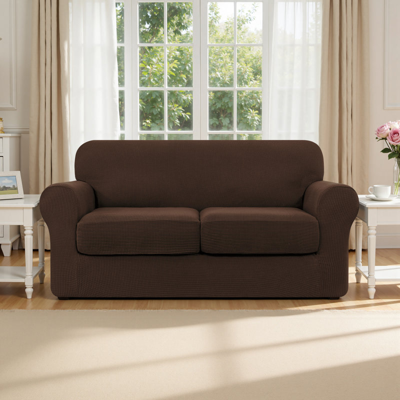 3 Piece Stretch Jacquard Couch Cover, Sofa Slipcover for 2 Cushion Couch, Machine Washable Furniture Protector(Loveseat, Chocolate)