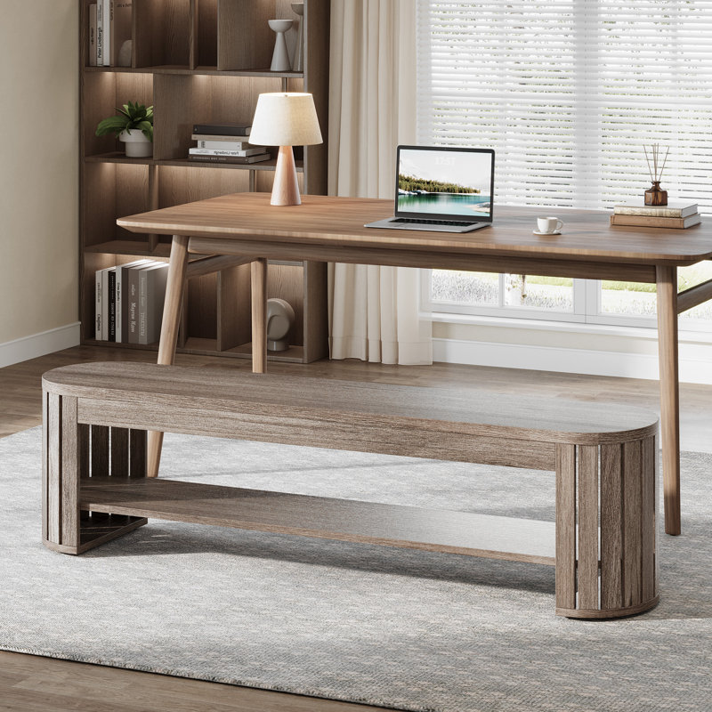 63" Wooden Dining Bench, Kitchen Dining Seat For Dining Room, Living Room, Home Office, Easy Assembly, Beige Gray