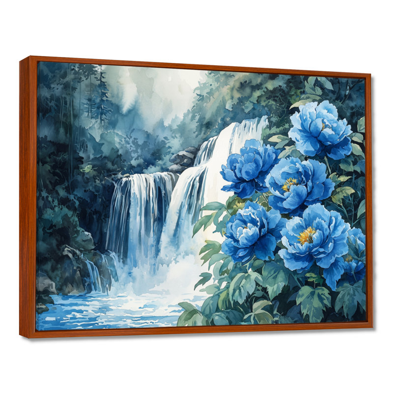 Pivoines par la cascade V - art mural pivoines, H 24 po x l 32 po, Reproduction avec cadre flottant, Brun
