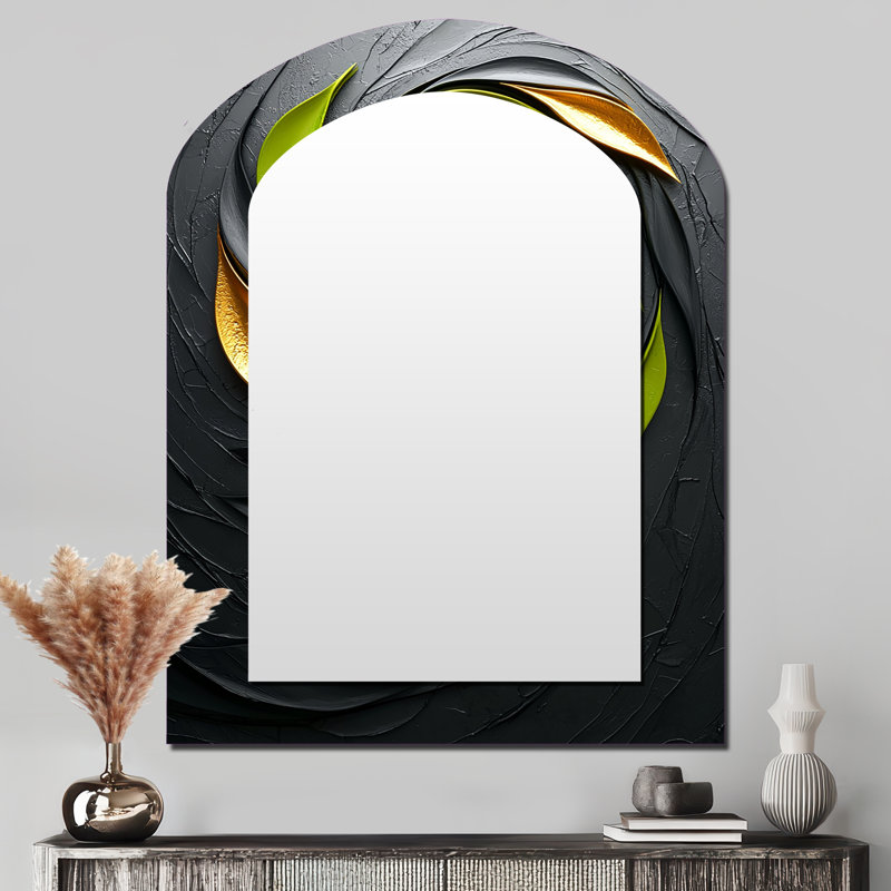 Vert et noir Botanical Balance I - miroir mural décoratif asymétrique Botanicals, grand miroir à arche verte, impression sur métal