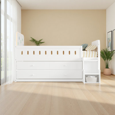 Wooden Full Size Bed With LED Light, Storage Drawers