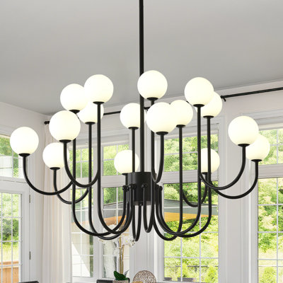 16 Light Modern Sputnik Chandelier, Black Mid Century Ceiling Light Fixture With Milk Glass Globe Shades For Dining Room Kitchen Bedroom Living Room