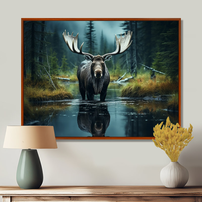«Green Moose Forest Dusk», art mural orignal, H 34 po x l 44 po, Brown Floater Framed