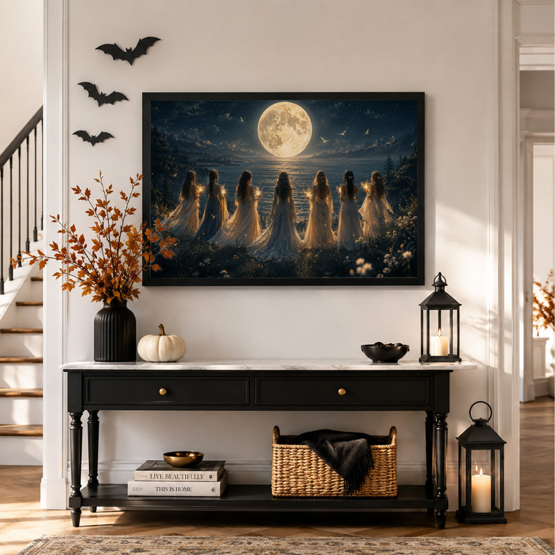 Sept femmes aux lumières scintillantes face à une lune géante - Toile murale d'Halloween, H 20 po x l 30 po