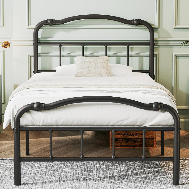 Oley Double Wave Headboard and Footboard Heavy Duty Anti-sway 18in High Steel Tube Iron Bed with Storage, Extra-long Twin