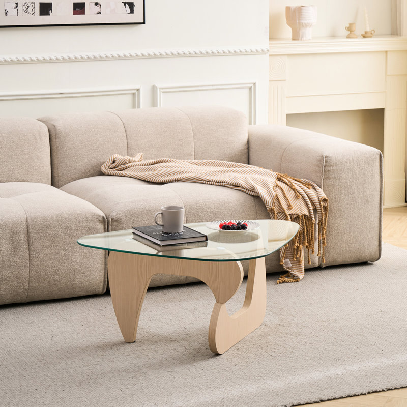 Table basse en verre de style moderne du milieu du siècle avec finition brun noyer, largeur 65,3 cm, utilisable en toute sécurité comme petite table centrale en bois, convient à divers espaces.