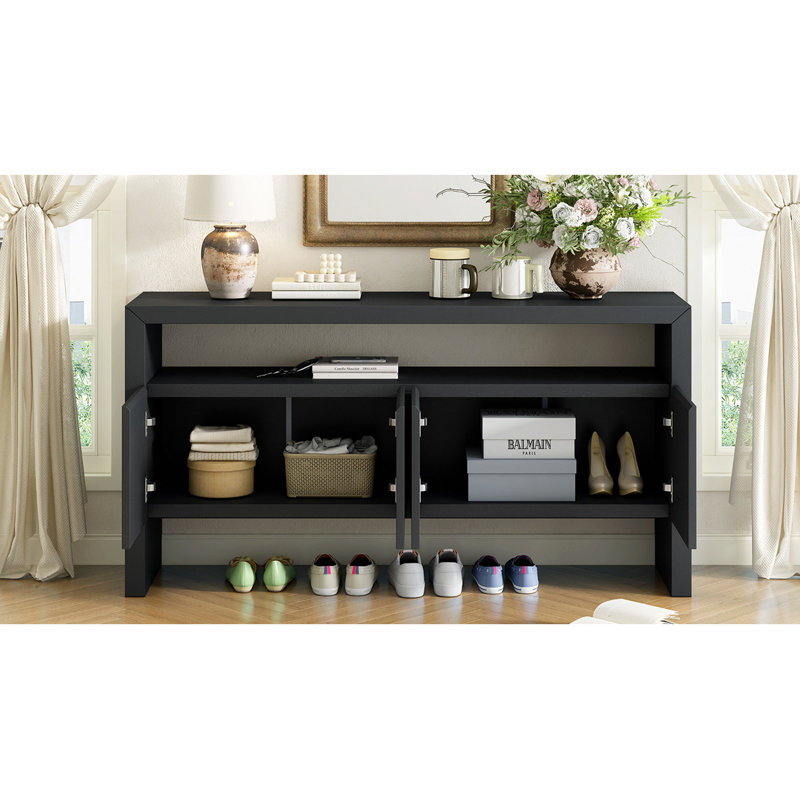 Buffet 60 po à 4 portes, placage en bois massif minimaliste moderne avec tablette ouverte, grain de bois naturel, console de rangement de grande capacité pour le salon, le couloir et la salle à manger