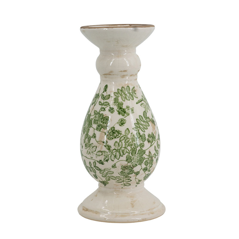 White Ceramic Candle Holder with Green Floral Patterns, 10" H x 4.7" W x 4.7" D