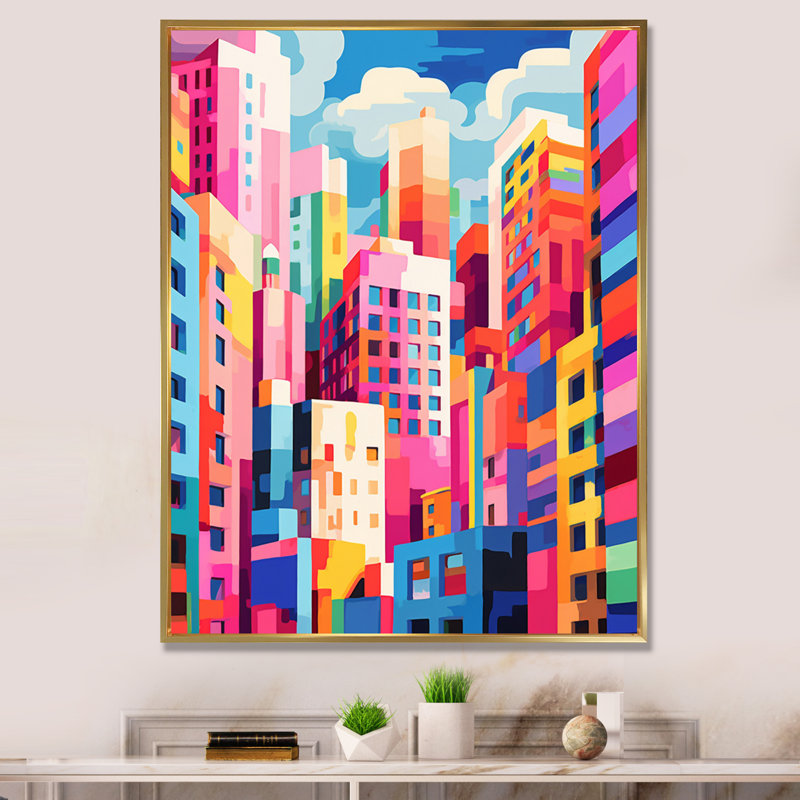 «Colorful 0 City Madrid Popart II - Cityscapes», reproduction sur toile, Cadre flottant doré, H 32 po x l 24 po x P 1 po