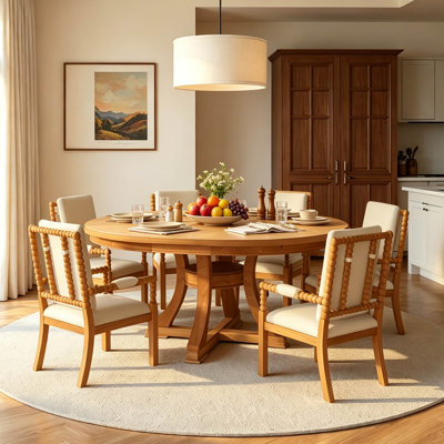 7-Piece Retro Extendable Round Dining Table Set with 6 Upholstered Chairs