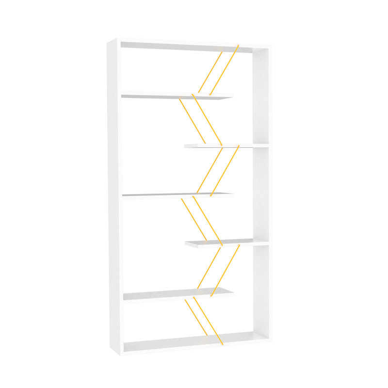 Bibliothèque industrielle à 6 tablettes, structure en bois moderne pour le bureau et le salon, pièces de style blanc / jaune,