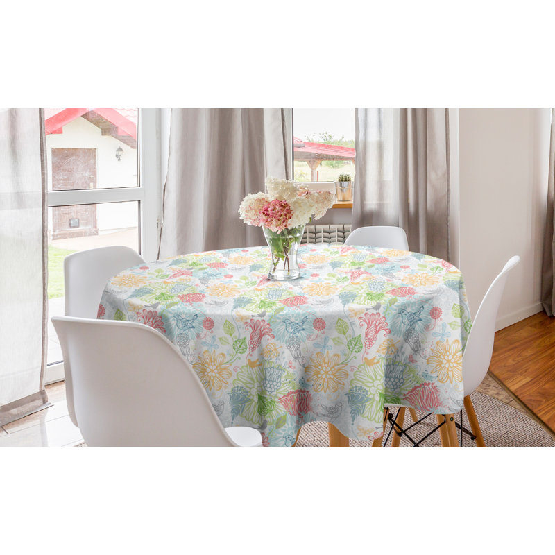 Ambesonne Spring Round Tablecloth, Ornamental Composition Of Nature With Birds And Flower Outline Style Composition, Circle Table Cloth Cover For Dining Room Kitchen Decoration, 60", Multicolor