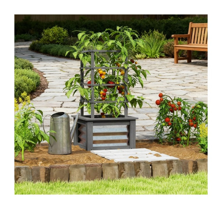 Lit de jardin surélevé surélevé avec côtés en acier galvanisé et structure en bois de sapin, gris