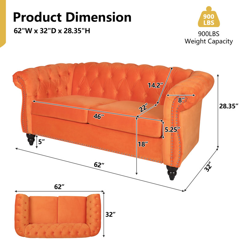 Johnette 62'' Velvet Rolled Arms Chesterfield Sofa, Orange Velvet
