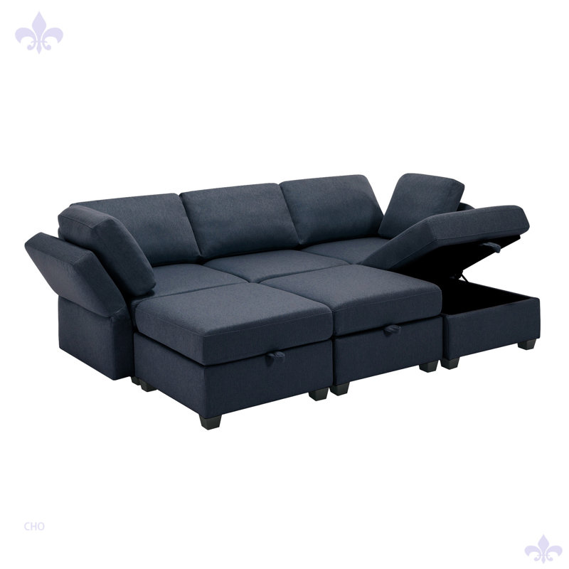 Canapé-lit modulaire modulaire avec rangement 6 places, Polyester bleu