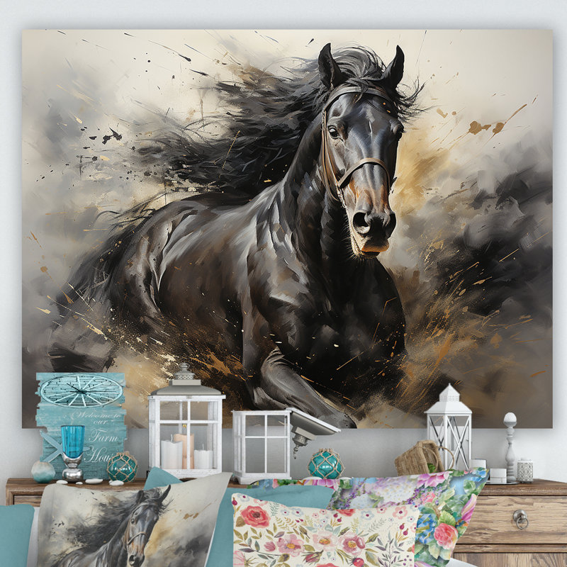 Étalon noir en mouvement I - cheval, art mural, Toile tendue, H 30 po x l 40 po x P 1,5 po