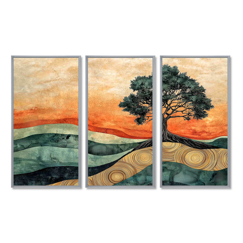 Baobab africain avec des racines de sérénité IV - art mural arbre - ensemble de 3, H 28 po x l 36 po, Argent argent